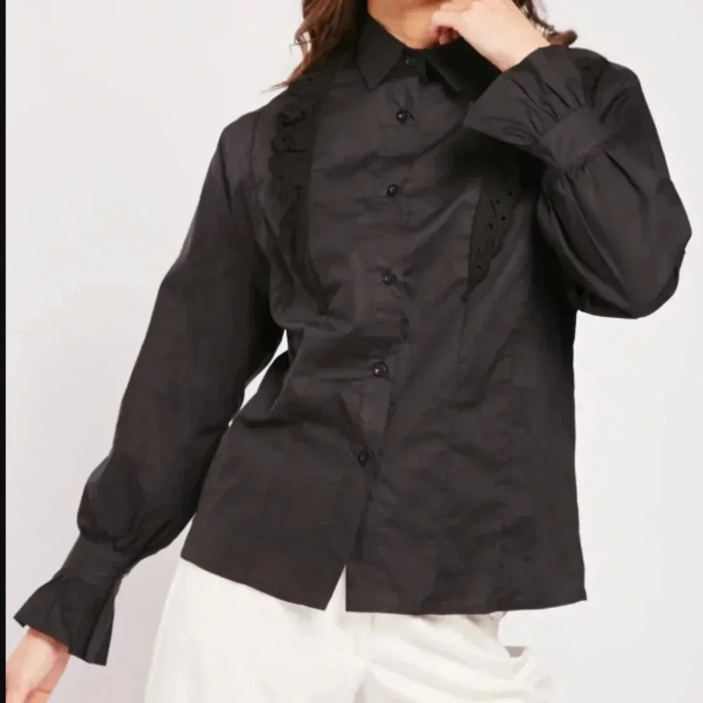 Black Eyelet Lace Trim Blouse Cotton Broderie Anglaise Shirt Ruffle Cuff